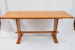 20th century oak refectory style dining table, plank top over end supports with central stretcher,