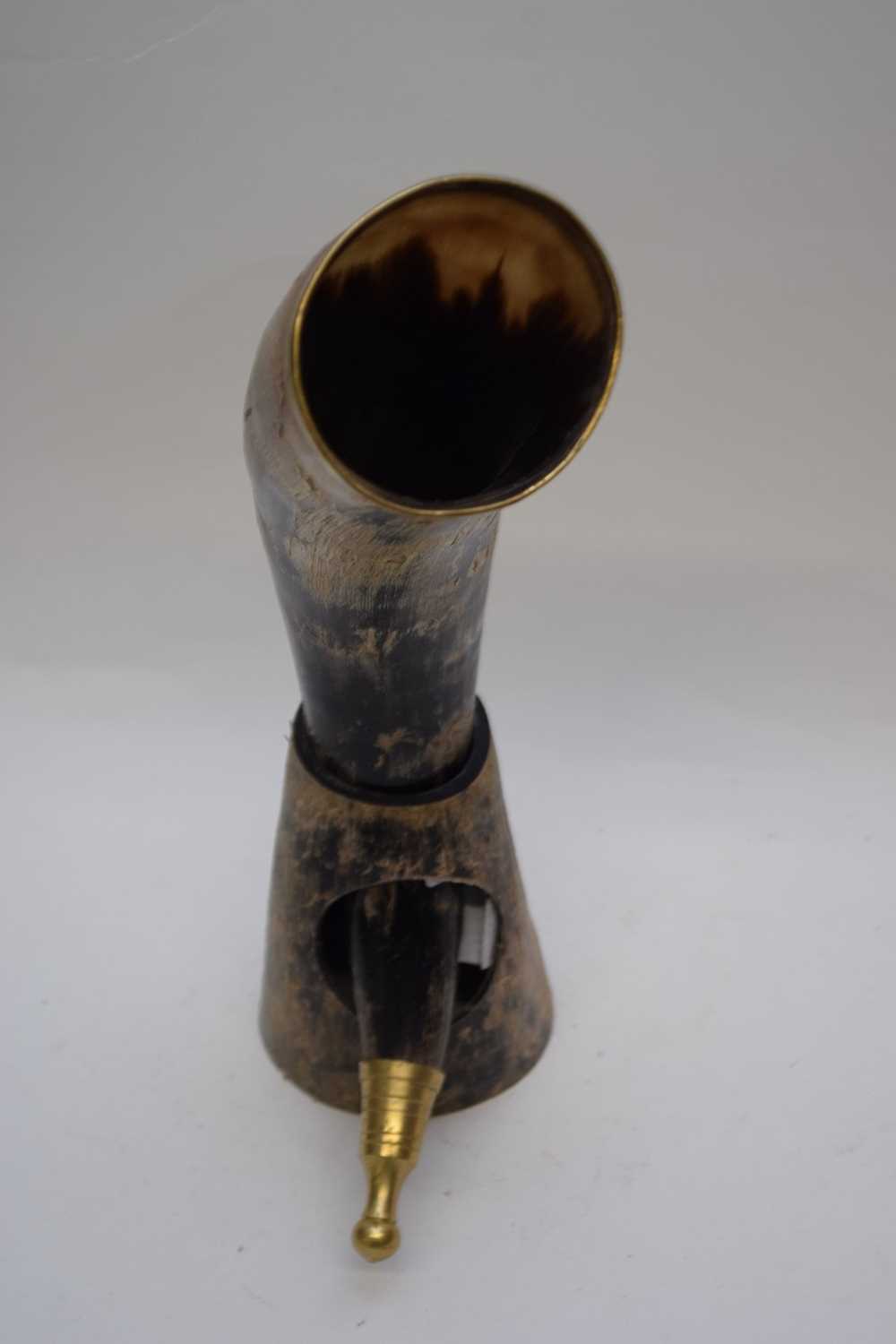 Antique brass mounted cow horn drinking vessel decorated with carved lions head detail, together - Image 2 of 5
