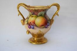 Coalport vase with gilt handles painted with fruit, signed by N Lear