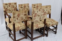 Set of six 17th century style oak dining chairs comprising two carvers and four single chairs, all