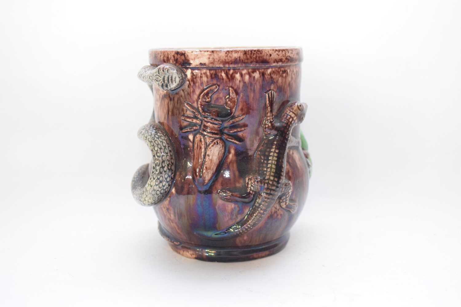 Continental majolica style vase modelled in relief with a green frog, insects and a snake in - Image 4 of 6