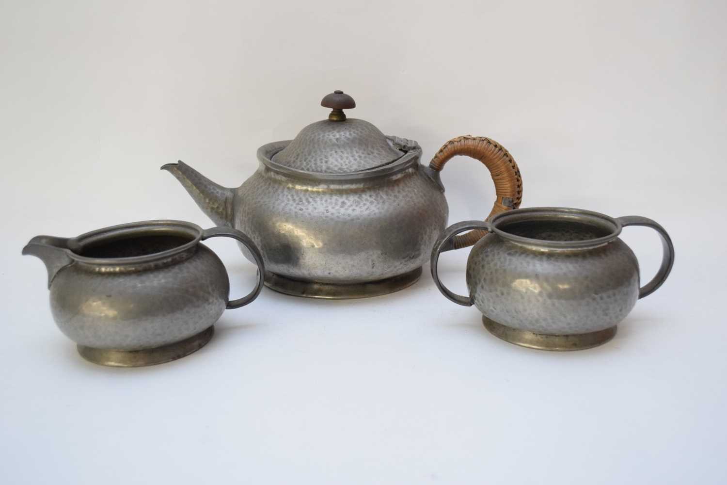 Pewter Tudric tea pot, milk jug and sugar bowl made for Liberty & Co - Image 2 of 2