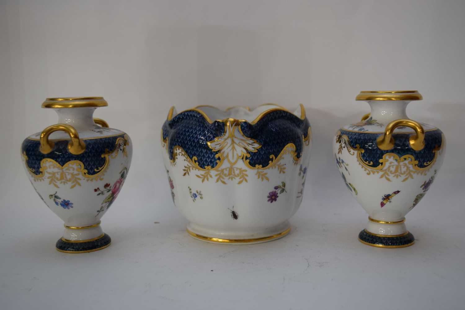 Pair of Spode Copeland vases with exotic birds together with a small matching jardiniere with floral - Image 3 of 6