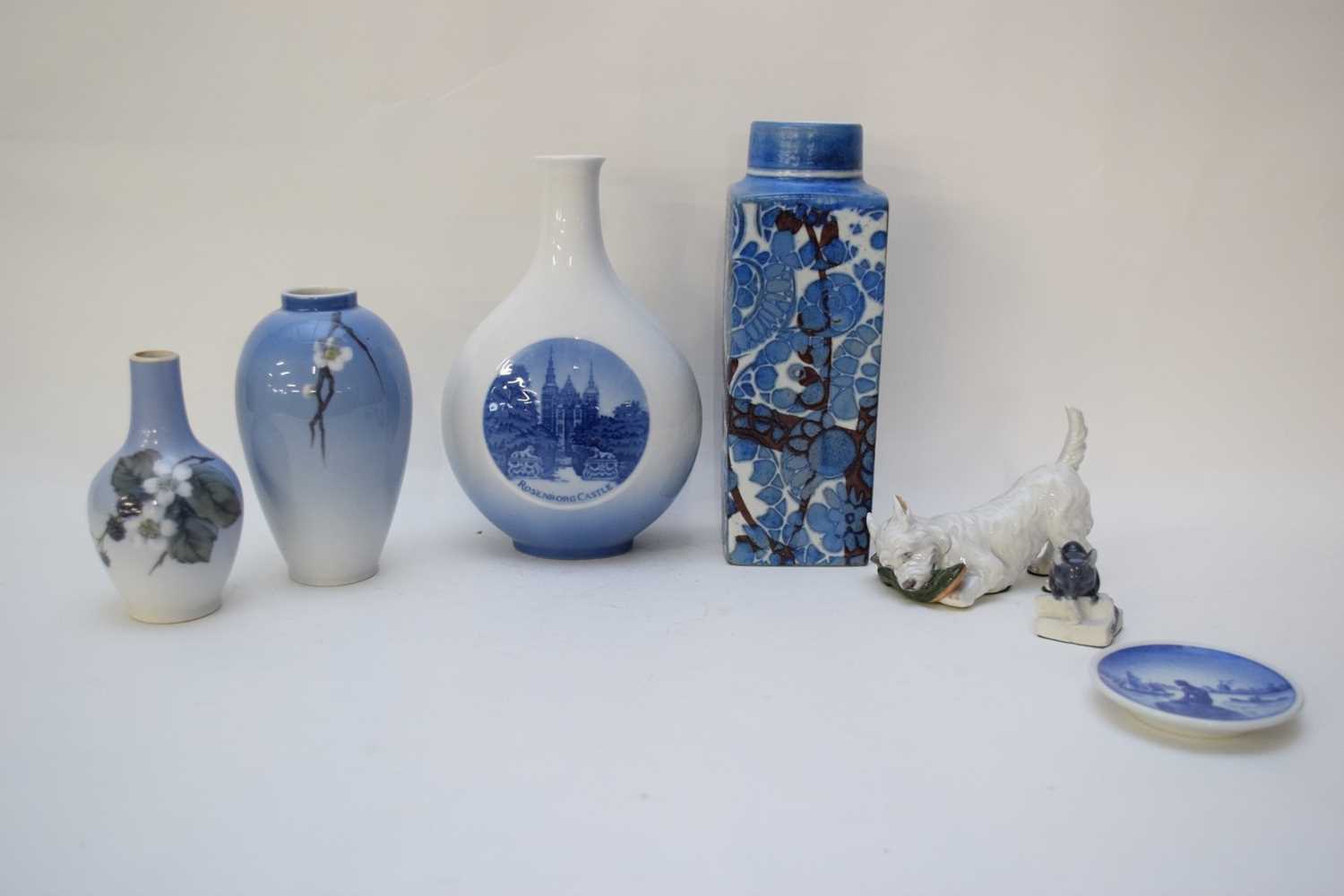 Group of Royal Copenhagen wares including a square Fajence Baca vase designed by Joanne Gerber