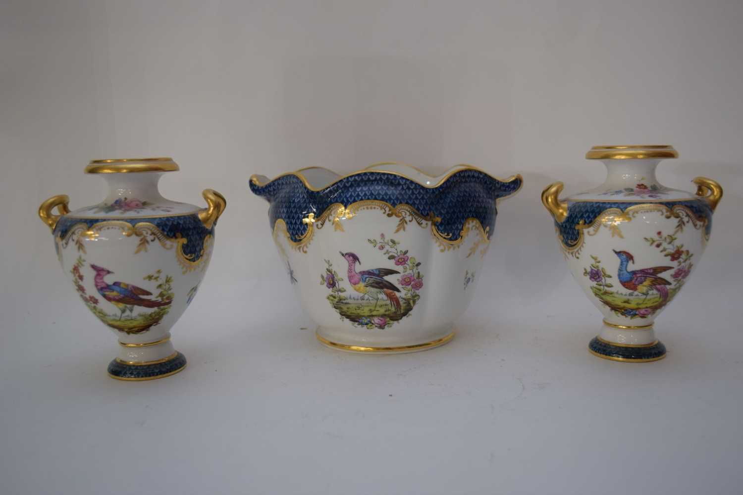 Pair of Spode Copeland vases with exotic birds together with a small matching jardiniere with floral