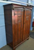Late 19th/early 20th century Arts & Crafts style oak wardrobe carved with Gothic type decoration and