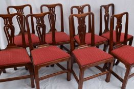 Set of eight 19th century mahogany dining chairs with pierced splat backs and red upholstered seats