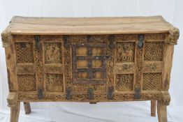 Indian hardwood single door side cabinet profusely carved with elephants, figures and floral and