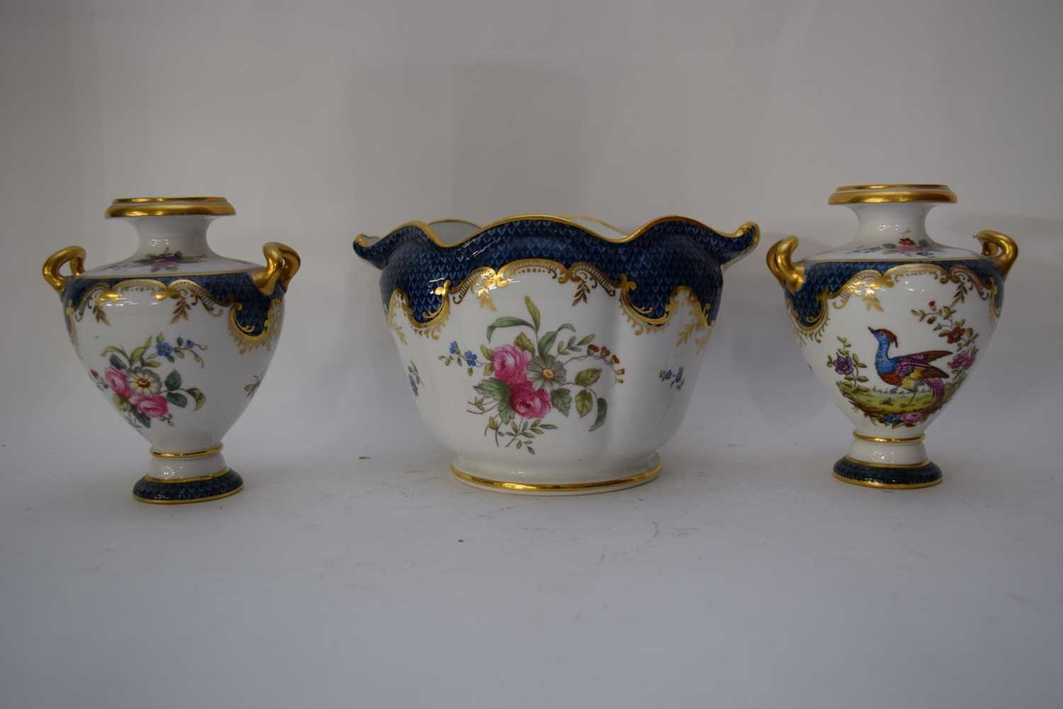 Pair of Spode Copeland vases with exotic birds together with a small matching jardiniere with floral - Image 4 of 6