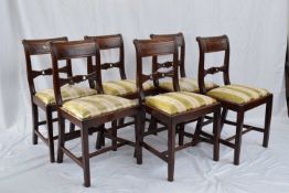 Set of six 19th century mahogany bar back dining chairs with striped upholstered seats, tapering