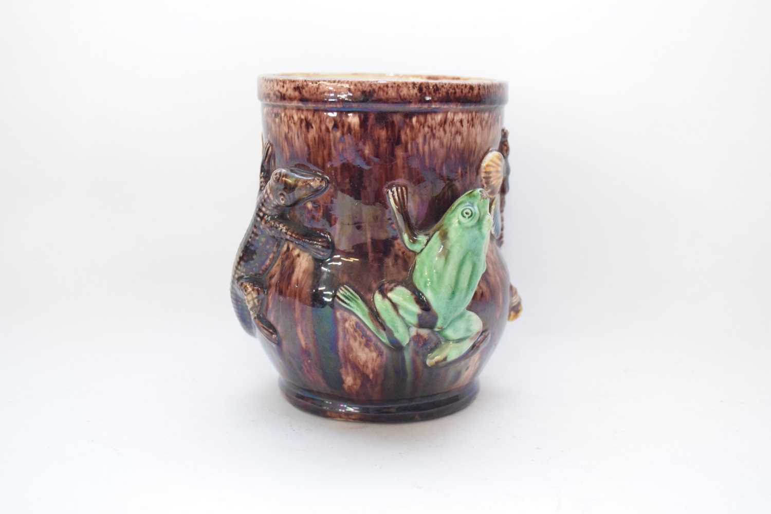 Continental majolica style vase modelled in relief with a green frog, insects and a snake in - Image 5 of 6