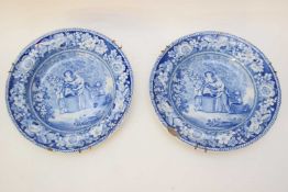 Two Staffordshire blue printed plates with the hop pickers pattern