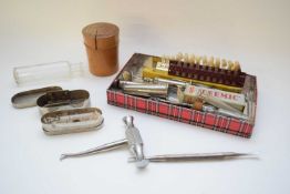 Small metal box containing quantity of mainly dental and medical tools including small wooden box