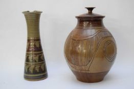 Two items of Studio pottery including a ewer with ribbed design, indistinct potters mark and further