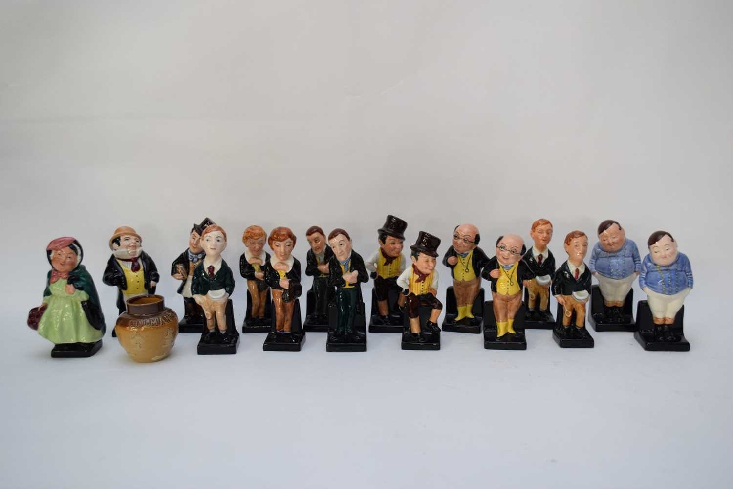 Group of Royal Doulton Dickens ware figures including Fat Boy, Capt Cuttle, Sam Weller, Sari Gamp,