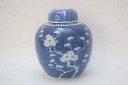 Chinese ginger jar and cover, the blue background with prunus design