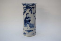 19th century Chinese porcelain cylindrical vase decorated with ladies reading with a bird on a