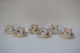 Derby Stephens & Hancock set of six coffee cans and saucers, all with a painted floral design (