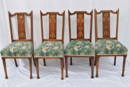 Set of four late Victorian mahogany framed dining chairs, the backs decorated with inlaid Art