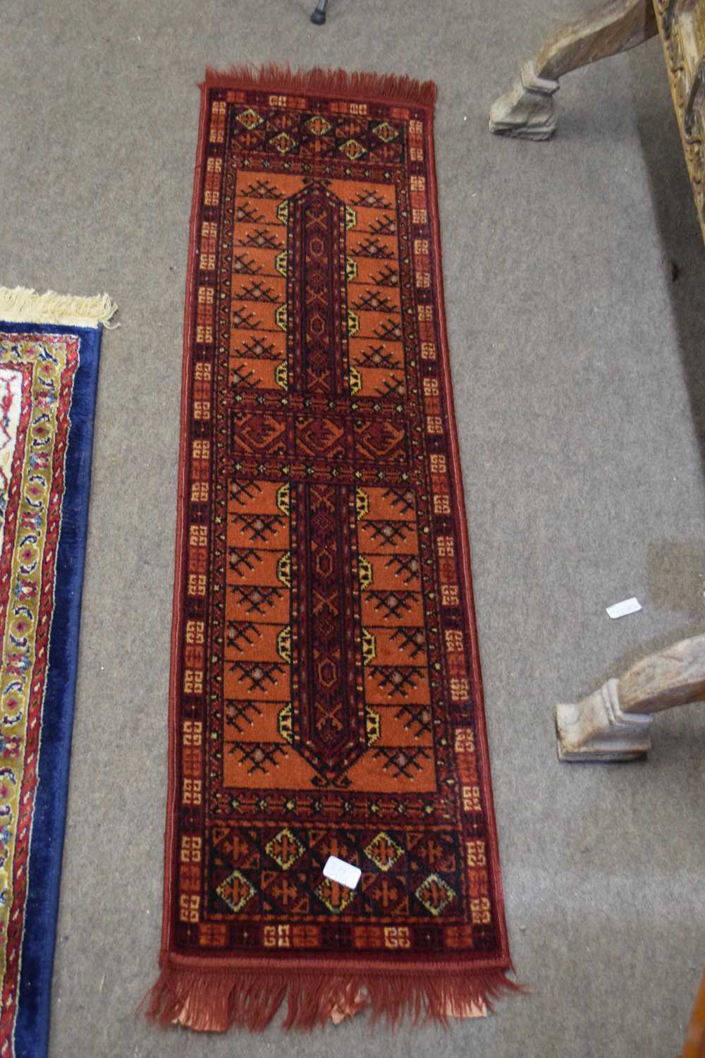 Small Middle Eastern wool runner carpet decorated with central lozenge on a principally red and - Image 2 of 4