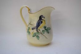 Royal Doulton jug, hand painted with birds, factory mark to base and signature for M Swanson