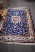 Rich blue ground full pile Kashmir Charbass medallion design 240cm x 156cm