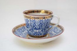 18th century Worcester bucket shaped cup and saucer with the Royal Lily pattern, factory crescent