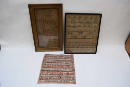 Mixed lot comprising three 19th century needlework samplers comprising a example decorated with rows