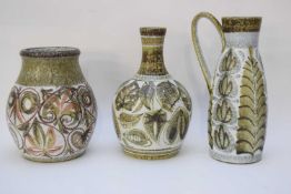 Group of Denby wares comprising a ewer, bottle shaped vase and further vase (3)