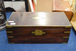 Victorian mahogany and brass bound writing box of hinged rectangular form with fitted interior, 50cm
