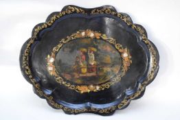 Victorian papier mache and mother of pearl inlaid serving tray decorated with a central panel of