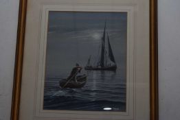 Mick Bensley (British Contemporary) Bringing home the catch under moonlight . Watercolour, signed,