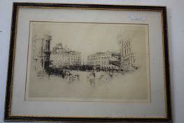 Frederick A Farrell (British 20th Century) Piccadilly Circus, London. Etching, signed. 8x12ins