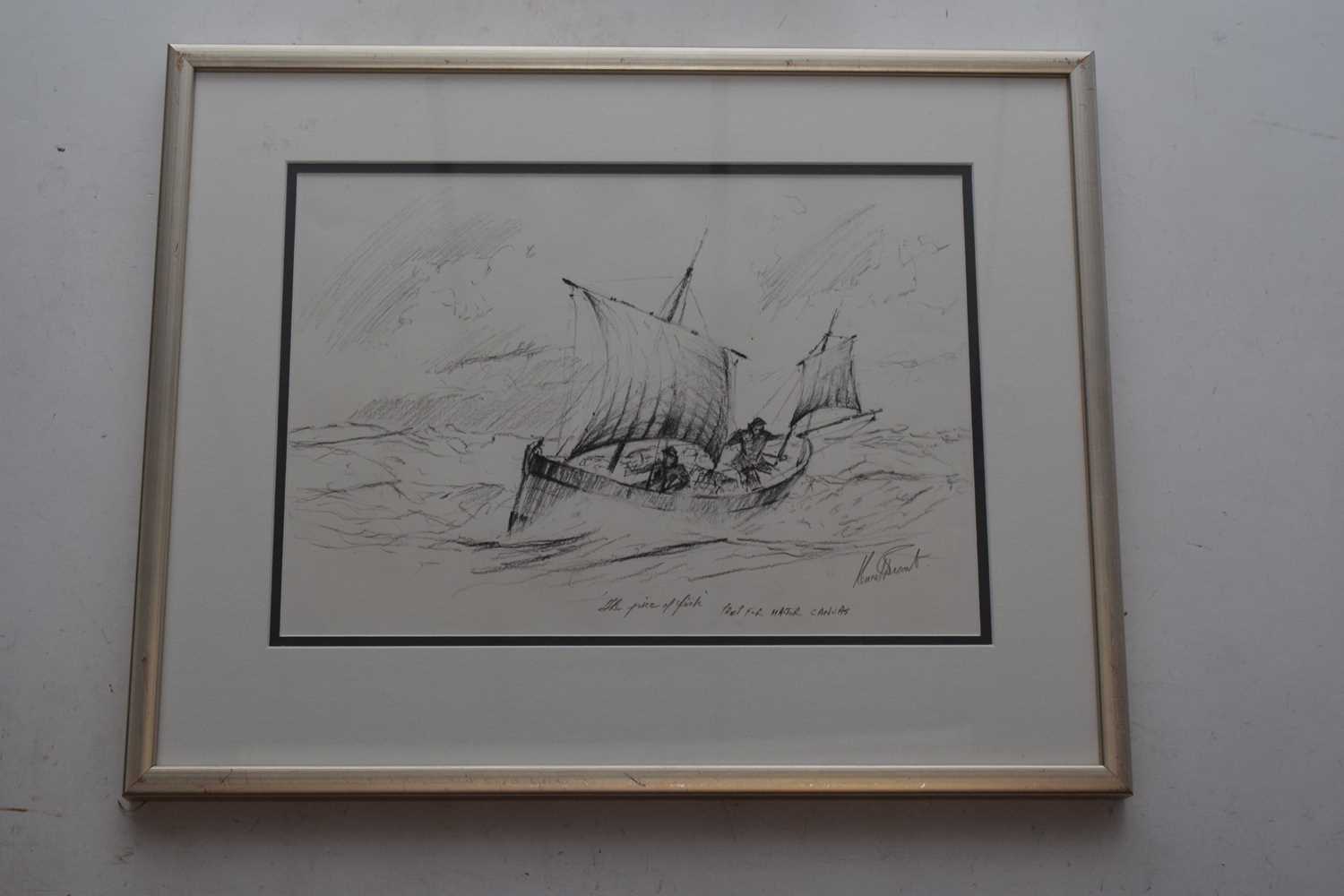 Kenneth Grant (British 20th Century), 'The price of fish' a study of a fishing boat in a heavy - Image 2 of 5