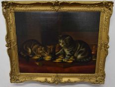 Nora Chease (British 19th Century) 'Checkmate' a study of two cats on a chess. Oil on canvas,