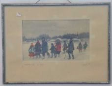 Continental, 20th Century, Figures In a Winter Landscape. Watercolour, indistinctly signed. 4x6ins.