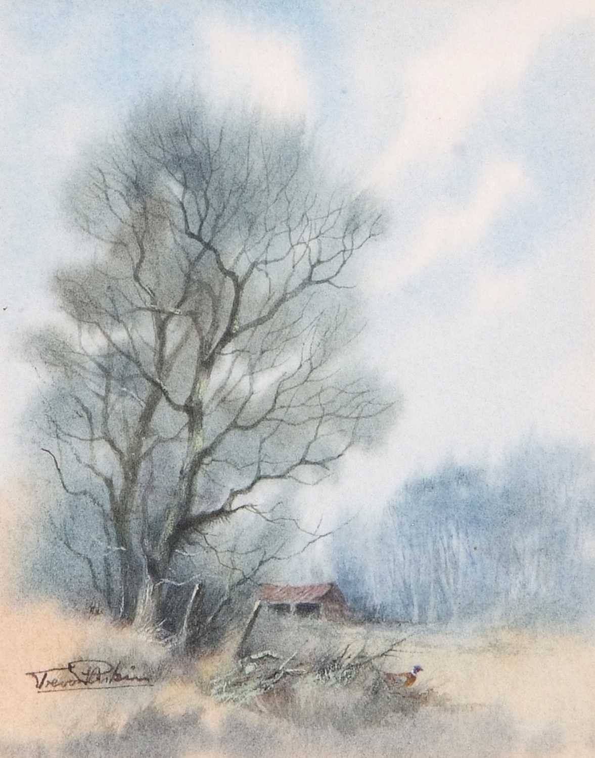 British 20th Century, Rural Landscape with Farm Buildings Overlooking a River. Watercolour,