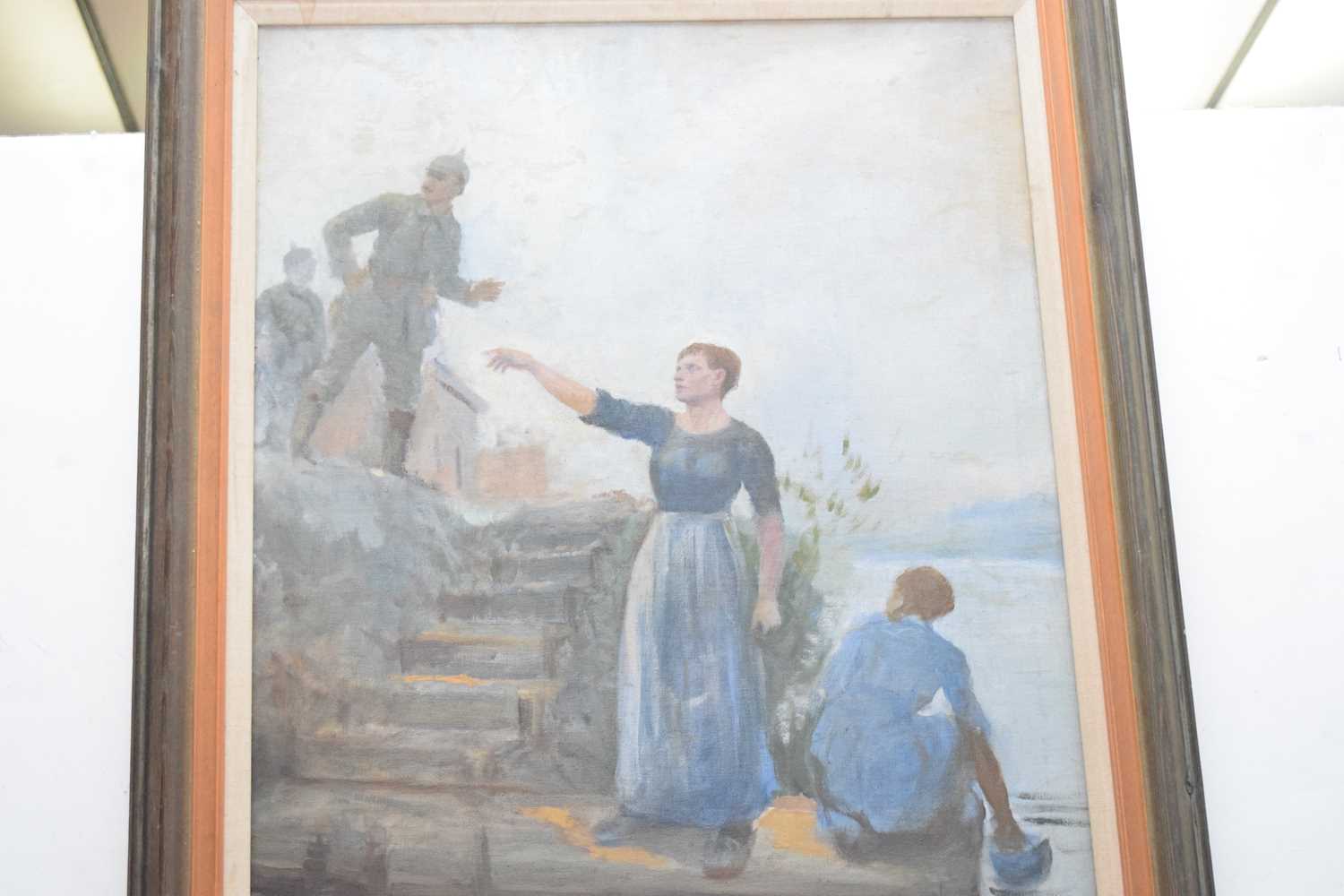 Early 20th Century, WWI interest, A young mother gestures towards a German soldier. Oil on Canvas. - Image 2 of 2