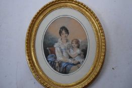 British, early 19th Century, Mother and Daughter. Watercolour. 10x8ins. Oval Frame