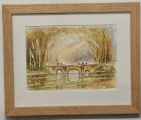 Kenneth Grant (British 20th Century), A woodland bridge with figures crossing. Watercolour,