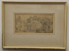 British, 19th Century, A small sketch of tied cottages with staffage. Watercolour on laid paper.