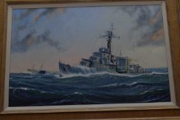Kenneth Grant (British 20C) British WWII Warship H.M.S. Cavalier in an offshore swell. Oil on