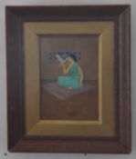 Indian, Early 20th Century, A seated lady carrying a dove. Oil on panel. 7.5x5ins