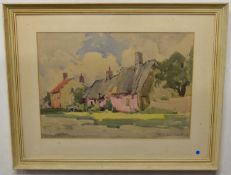 British, 20th Century, Cottages from the Village Green. Watercolour, indistinctly signed. 15x19ins