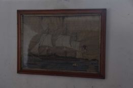 19th Century Embroidery of a British Frigate . Cloth with thread. 18x25ins