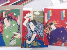 Three Japanese woodcuts of Samurai by Toyohara Kunichika (1835-1900) (3). Woodcuts.