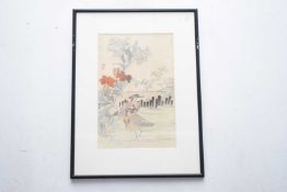 Chinese late 19th Century, Floral print with Waterfowl in theforegroundd. Woodcut. 13x9ins