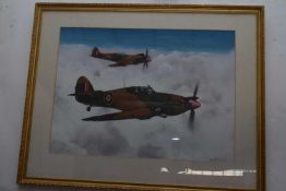 Rex Flood (British 20th Century), Spitfires above the clouds. Oil on card, signed, 1967. 21x29