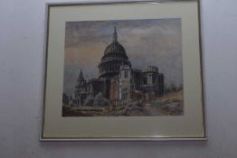F I Naylor (British, 20th Century), St Paul's Cathedral. Watercolour, signed. 14x17ins