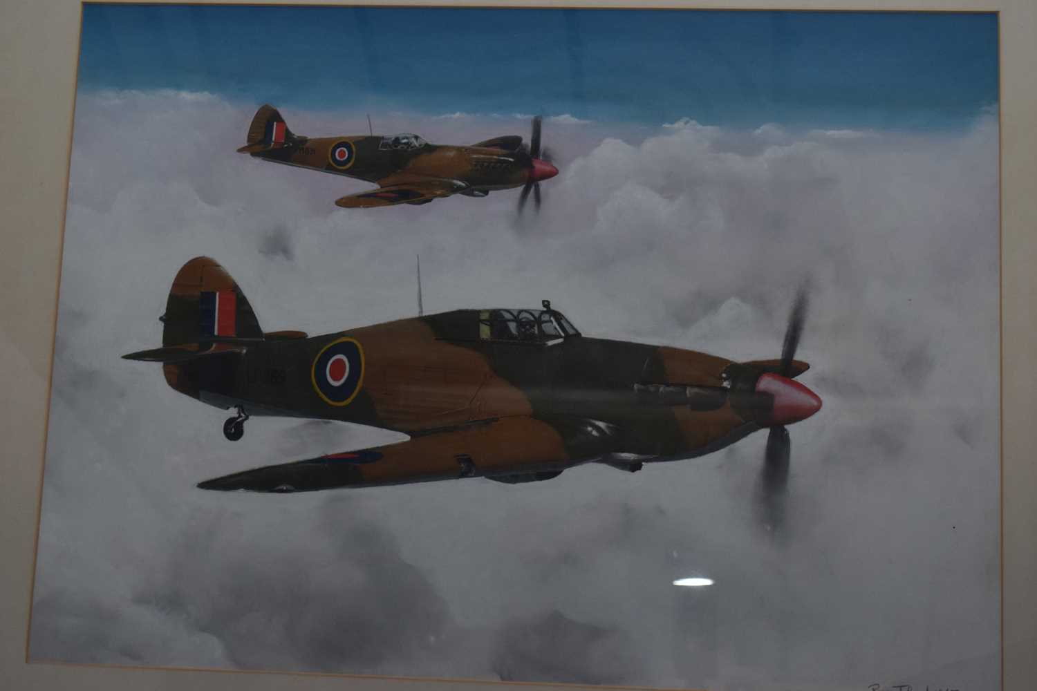 Rex Flood (British 20th Century), Spitfires above the clouds. Oil on card, signed, 1967. 21x29 - Image 2 of 2